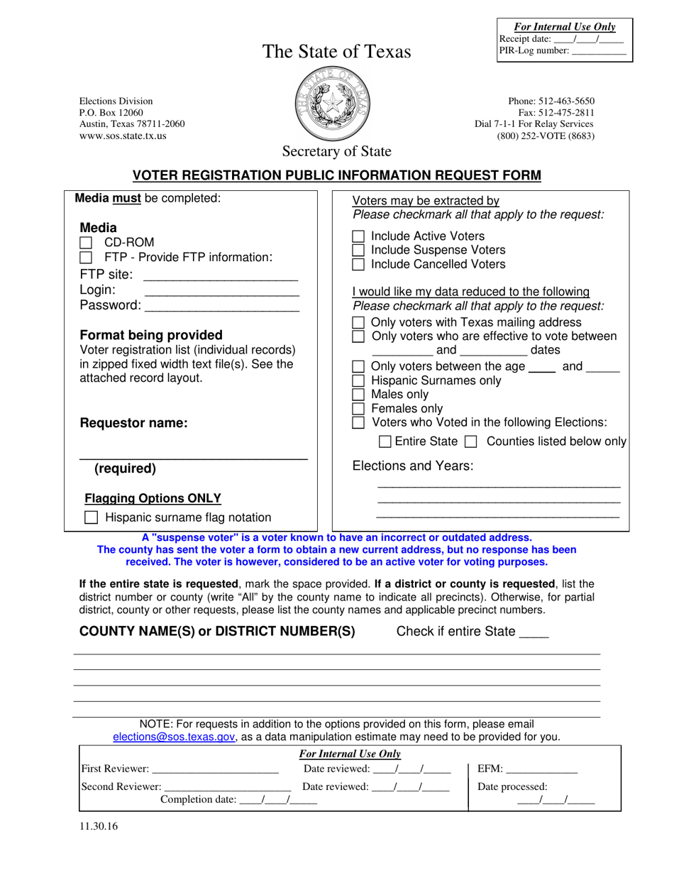 Voter Registration Public Information Request Form - Texas, Page 1