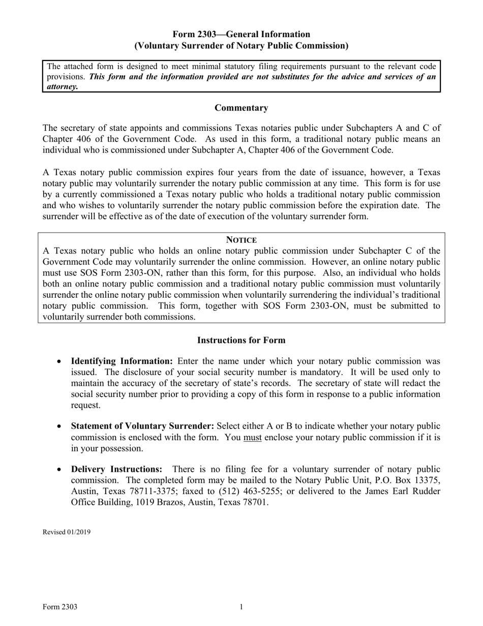Form 2303 Voluntary Surrender of Texas Notary Public Commission - Texas, Page 1