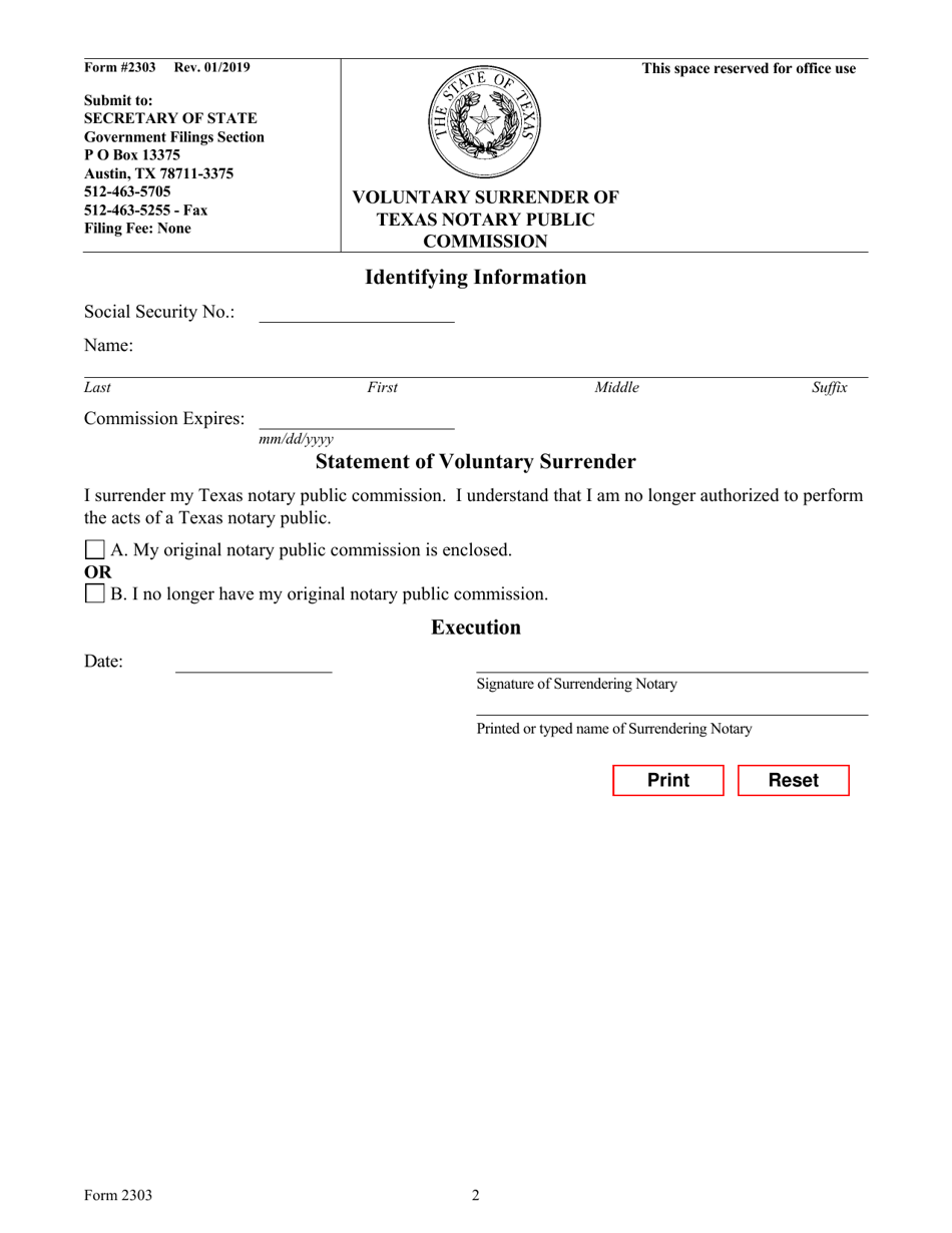 Form 2303 Voluntary Surrender of Texas Notary Public Commission - Texas, Page 2