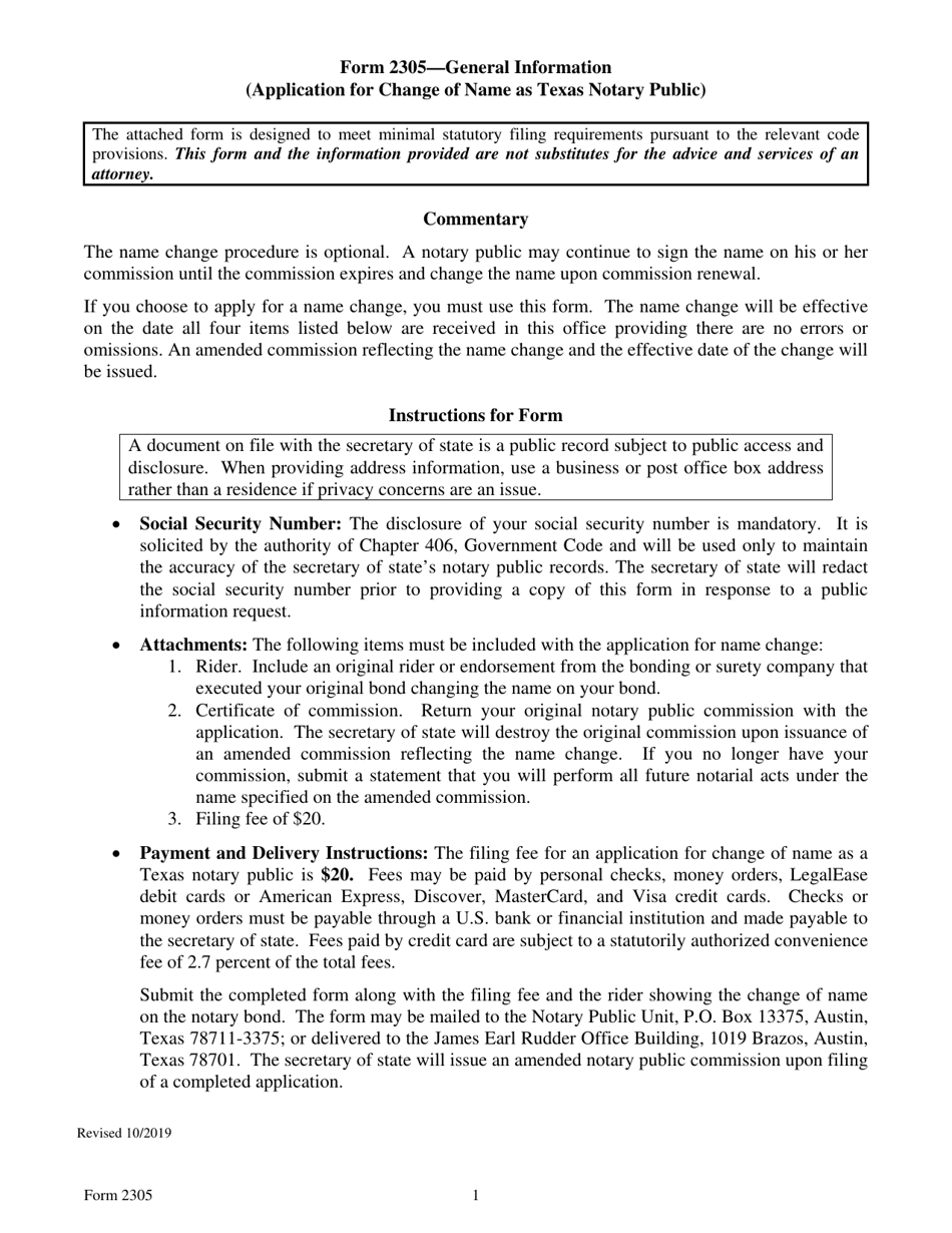 Form 2305 Application for Change of Name as Texas Notary Public - Texas, Page 1