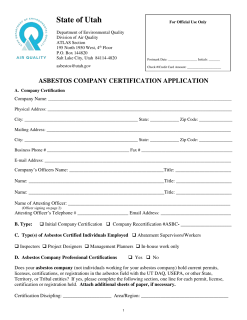 Asbestos Company Certification Application - Utah Download Pdf