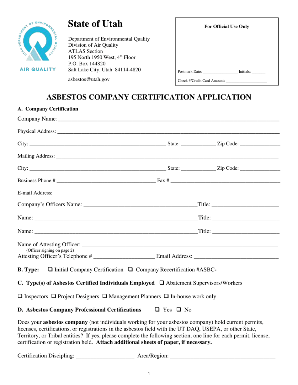 Asbestos Company Certification Application - Utah, Page 1