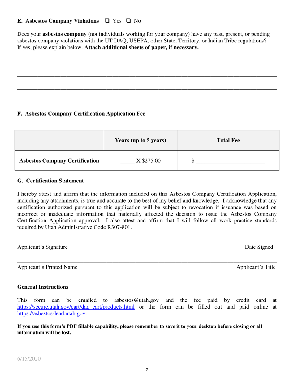 Asbestos Company Certification Application - Utah, Page 2