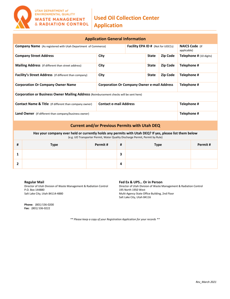 Used Oil Collection Center Application - Utah, Page 1