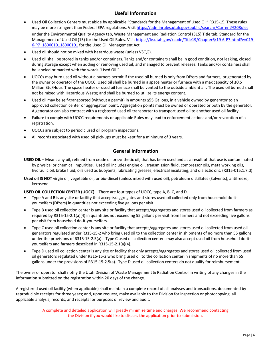 Used Oil Collection Center Application - Utah, Page 6