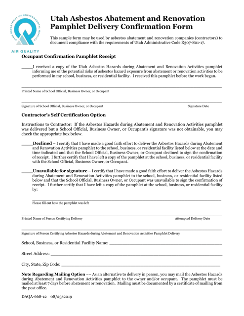 Form DAQA-668-12 Utah Asbestos Abatement and Renovation Pamphlet Delivery Confirmation Form - Utah