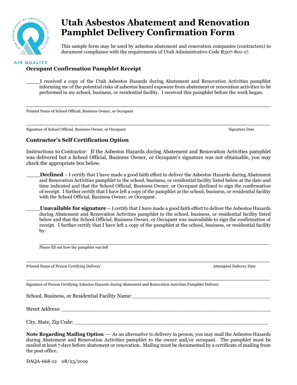 Form DAQA-668-12 Utah Asbestos Abatement and Renovation Pamphlet Delivery Confirmation Form - Utah, Page 1