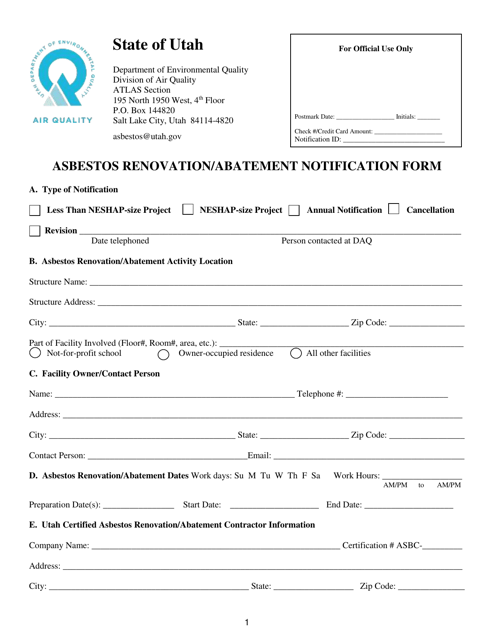 Asbestos Renovation / Abatement Notification Form - Utah Download Pdf