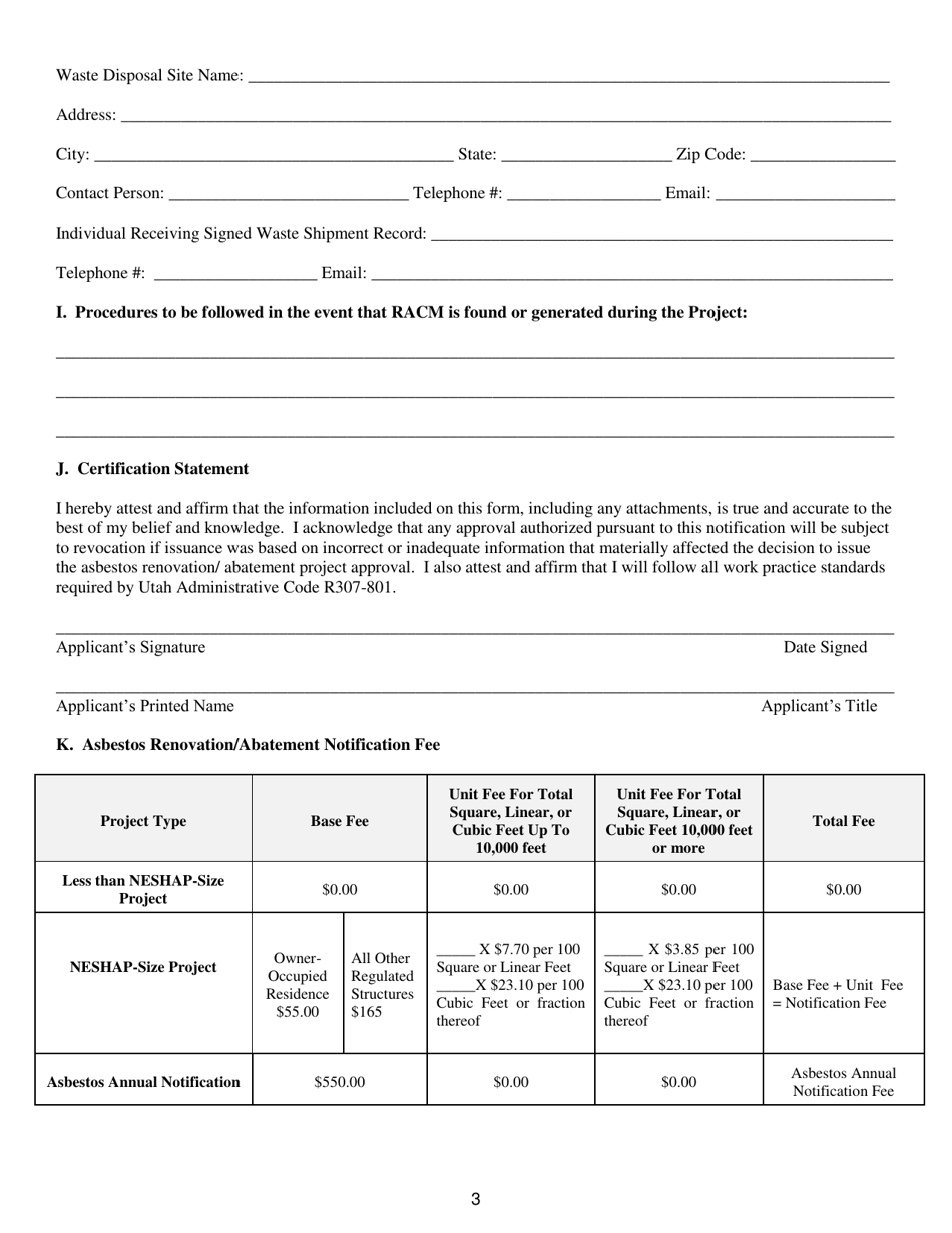 Asbestos Renovation / Abatement Notification Form - Utah, Page 3