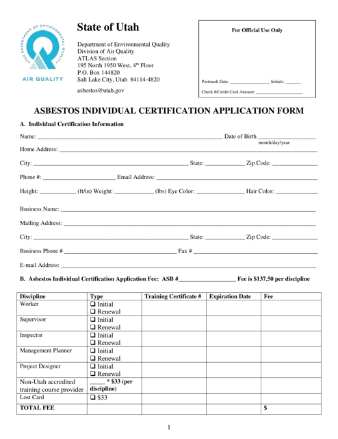 Asbestos Individual Certification Application Form - Utah Download Pdf