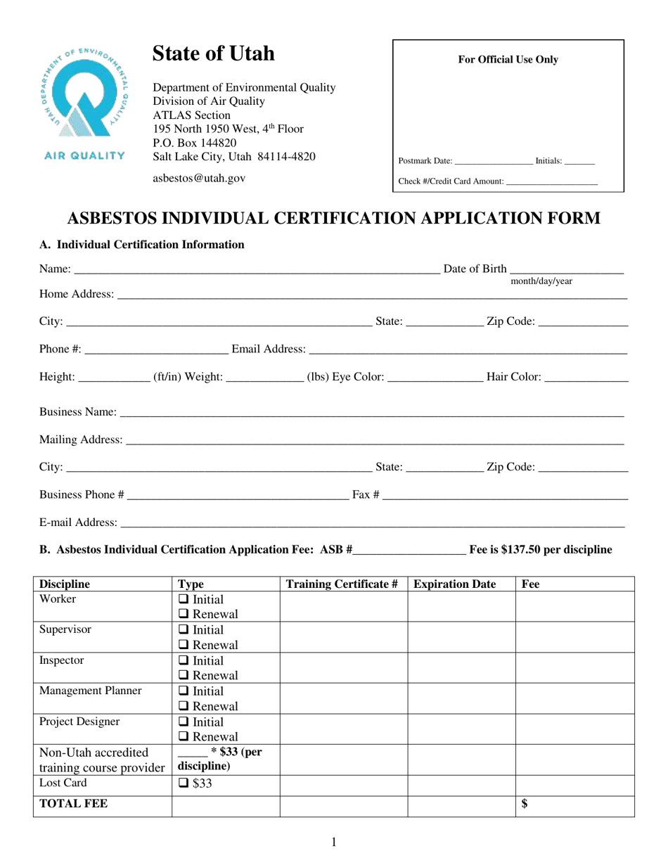 Asbestos Individual Certification Application Form - Utah, Page 1