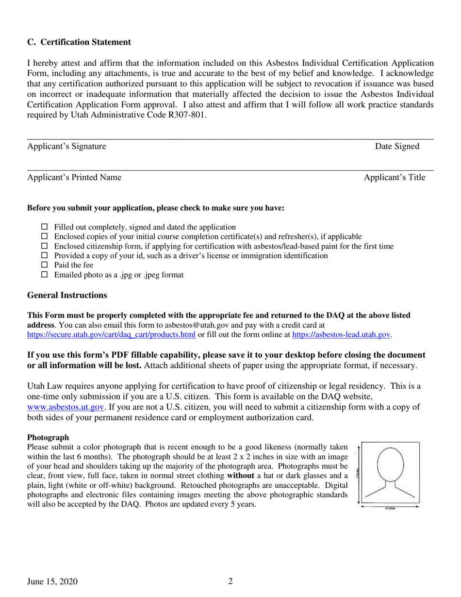 Asbestos Individual Certification Application Form - Utah, Page 2