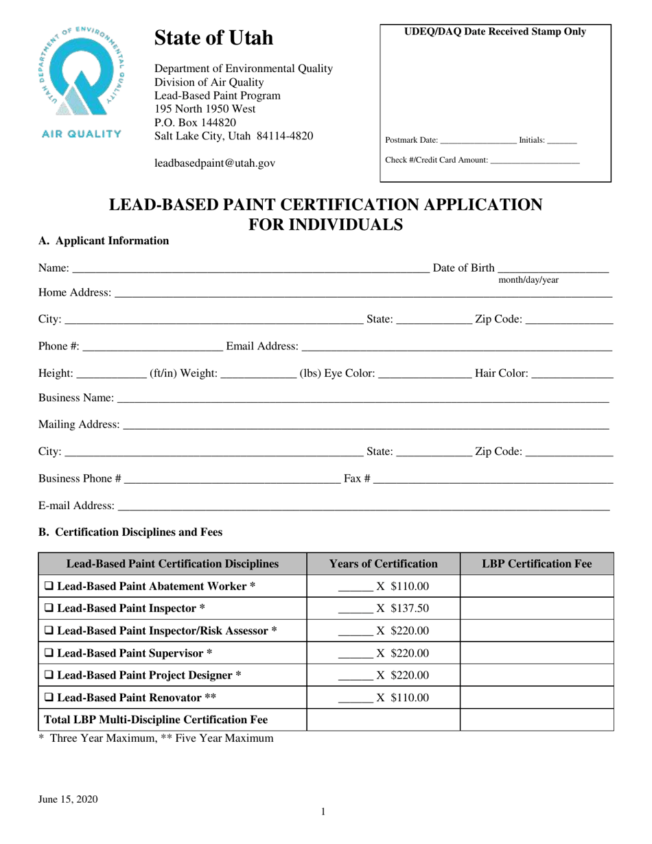 Lead-Based Paint Certification Application for Individuals - Utah, Page 1