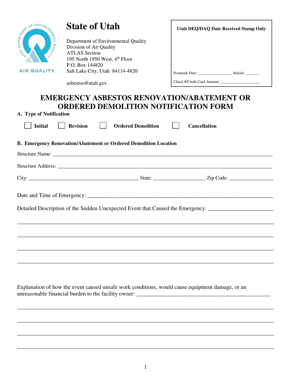 Emergency Asbestos Renovation / Abatement or Ordered Demolition Notification Form - Utah, Page 1