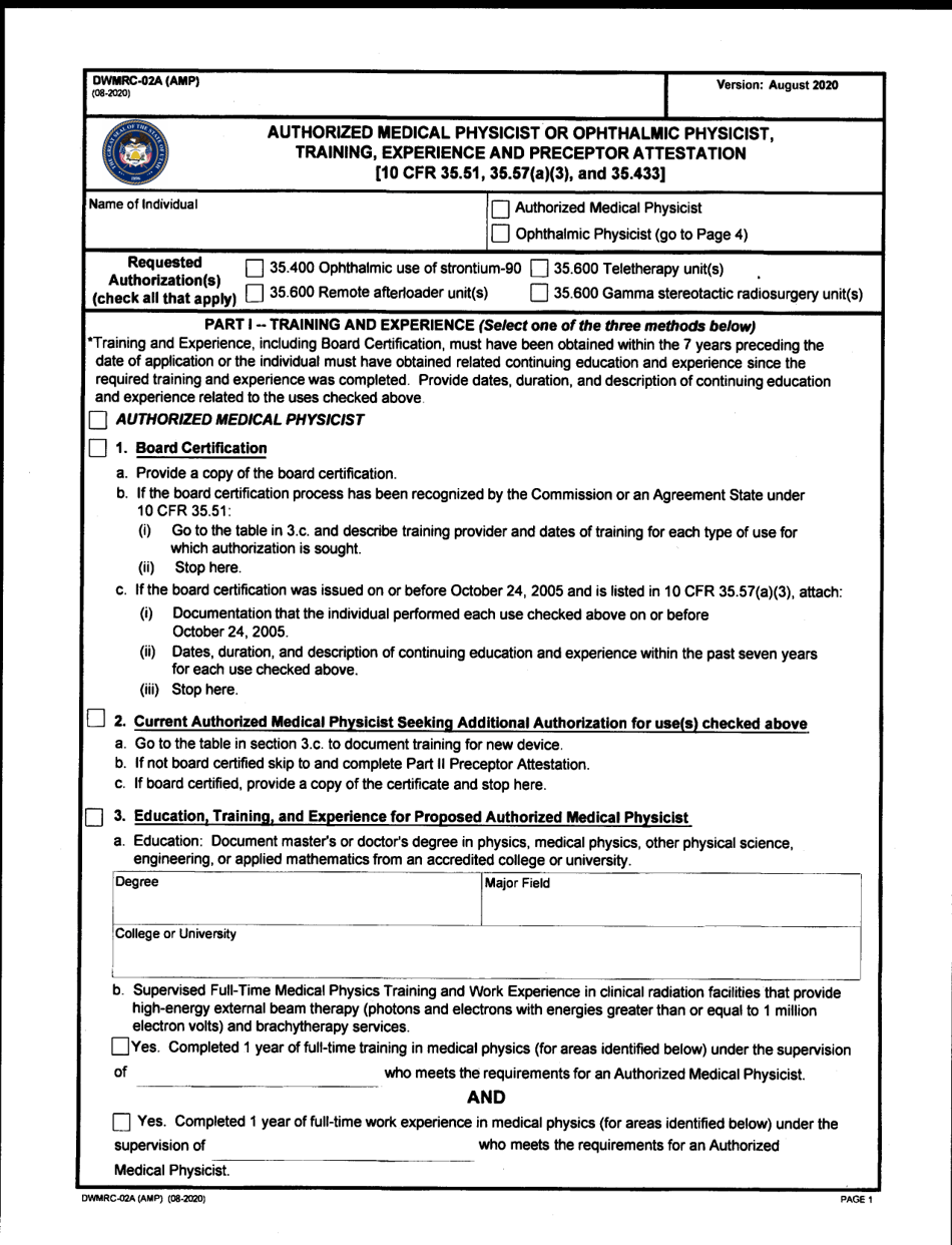 Form DWMRC-02A (AMP) Authorized Medical Physicist or Ophthalmic Physicist, Training, Experience and Preceptor Attestation - Utah, Page 1