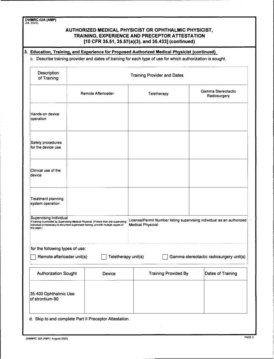 Form DWMRC-02A (AMP) Authorized Medical Physicist or Ophthalmic Physicist, Training, Experience and Preceptor Attestation - Utah, Page 3