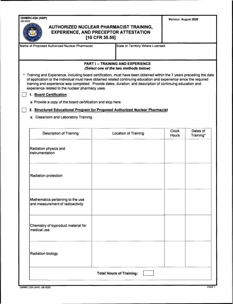 Form DWMRC-02A (ANP) Authorized Nuclear Pharmacist Training, Experience, and Preceptor Attestation - Utah, Page 1