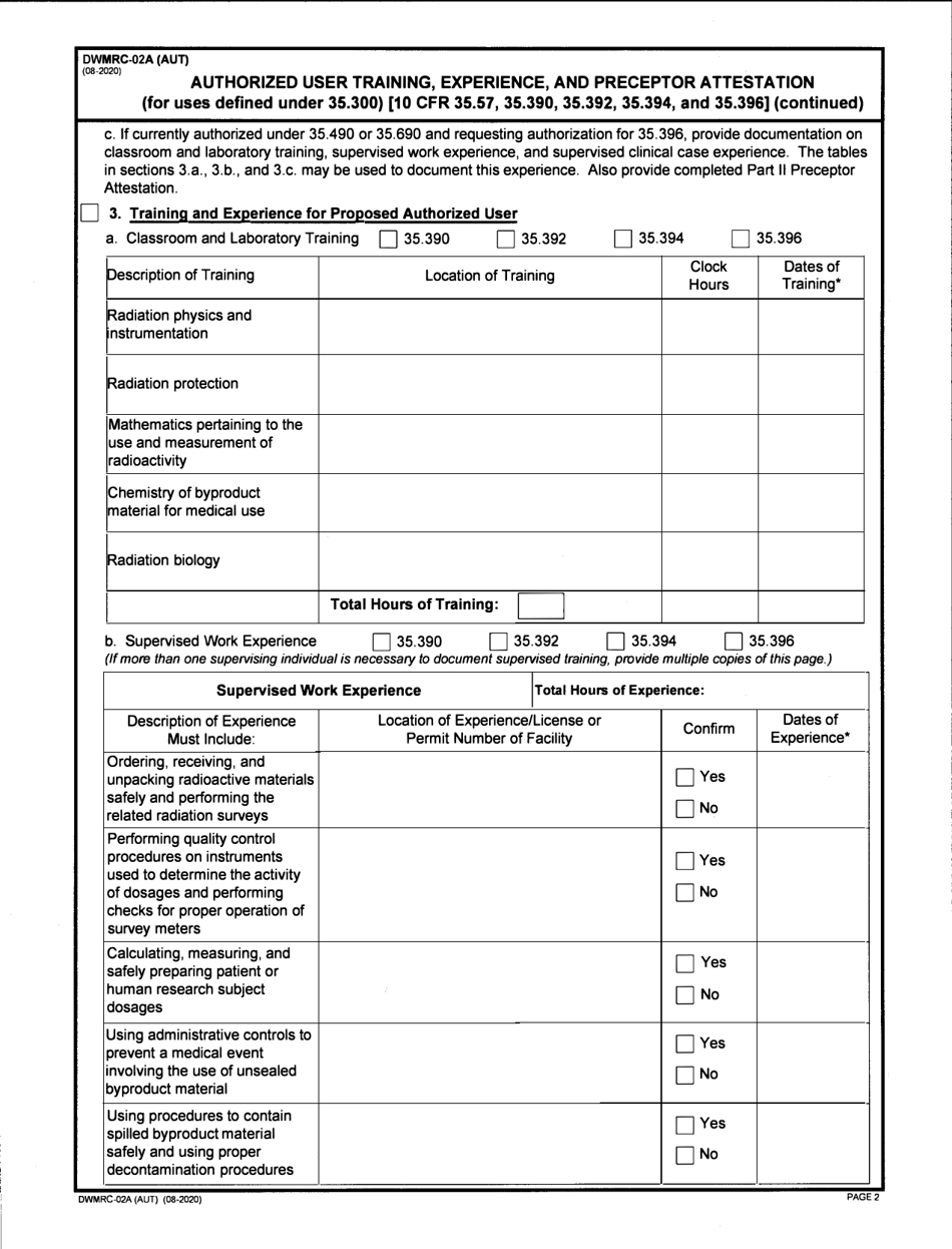 Form DWMRC-02A (AUT) Authorized User Training, Experience, and Preceptor Attestation (For Uses Defined Under 35.300) - Utah, Page 2