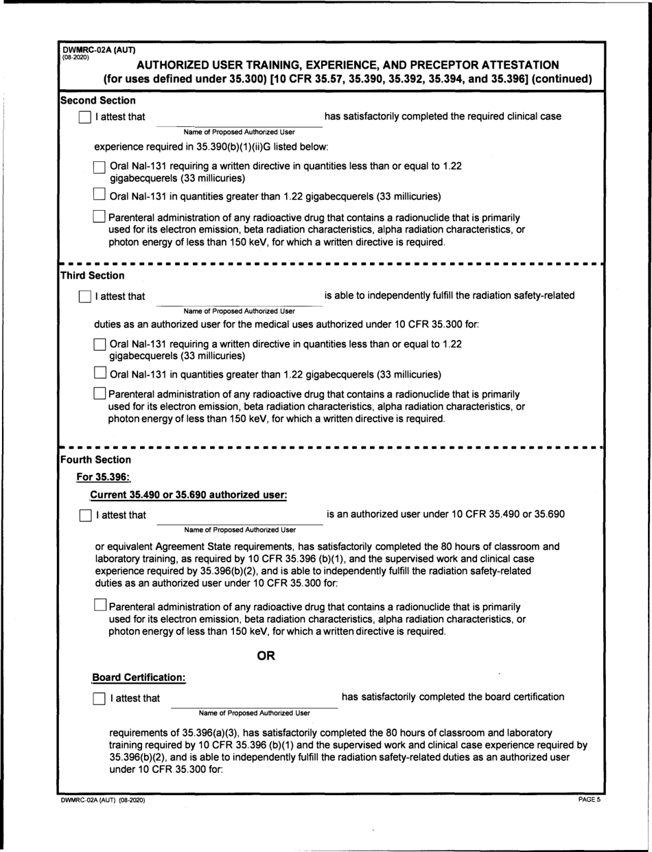 Form DWMRC-02A (AUT) Authorized User Training, Experience, and Preceptor Attestation (For Uses Defined Under 35.300) - Utah, Page 5