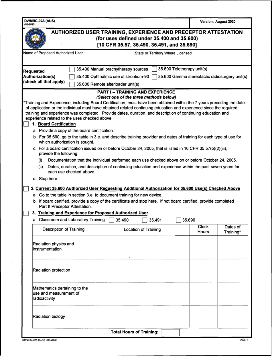 Form DWMRC-02A (AUS) Authorized User Training, Experience, and Preceptor Attestation (For Uses Defined Under 35.400 and 35.600) - Utah, Page 1