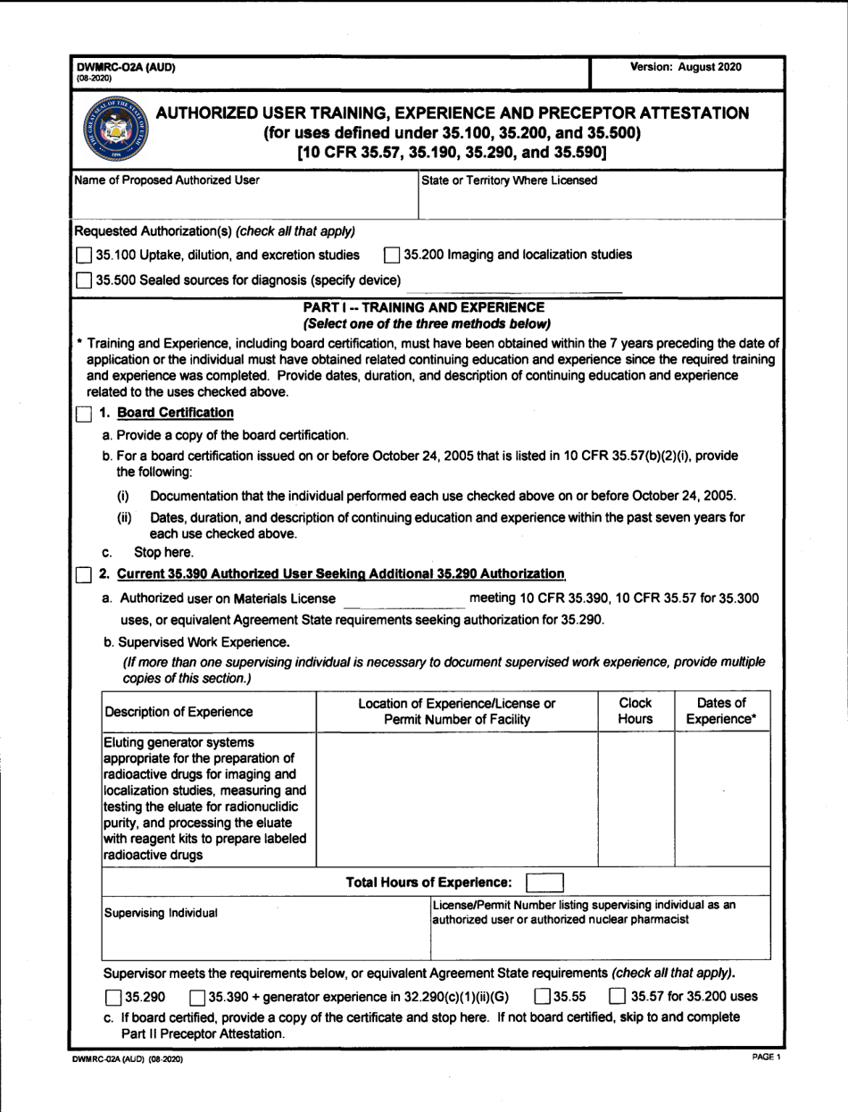Form DWMRC-02A (AUD) Authorized User Training, Experience, and Preceptor Attestation (For Uses Defined Under 35.100, 35.200, and 35.500) - Utah, Page 1
