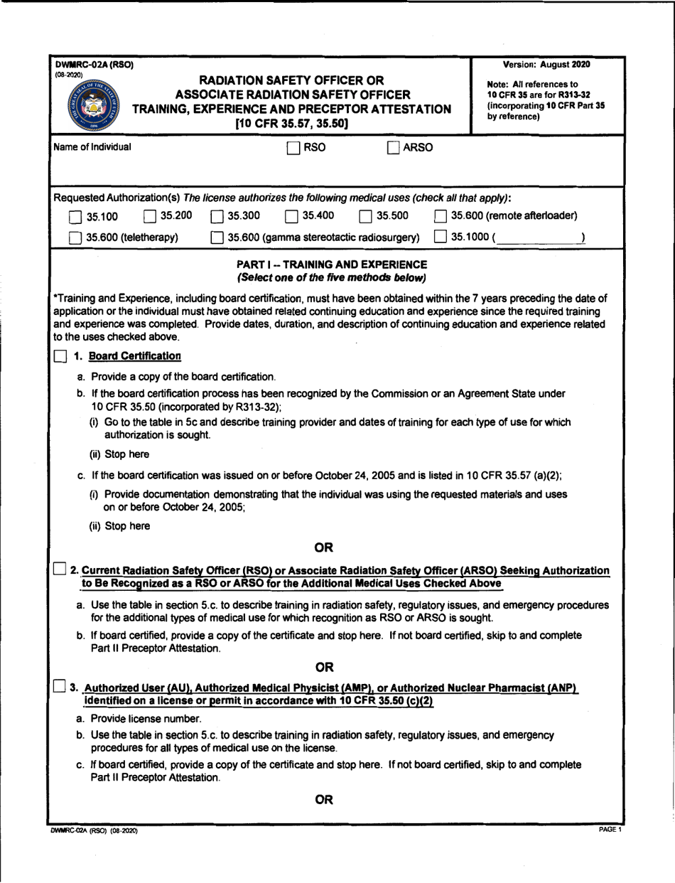 Form DWMRC-02A (RSO) Radiation Safety Officer or Associate Radiation Safety Officer Training, Experience and Preceptor Attestation - Utah, Page 1