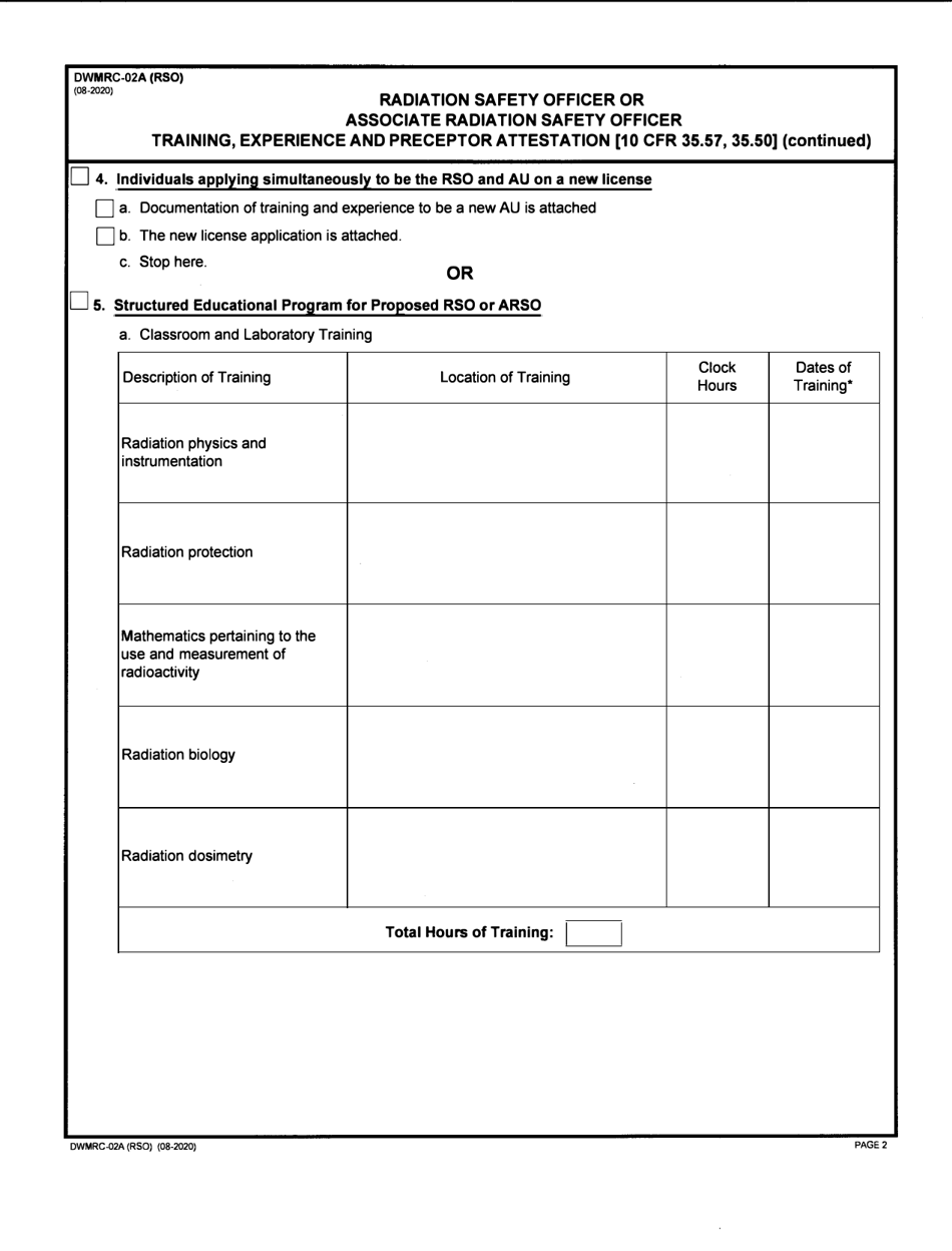 Form DWMRC-02A (RSO) Radiation Safety Officer or Associate Radiation Safety Officer Training, Experience and Preceptor Attestation - Utah, Page 2