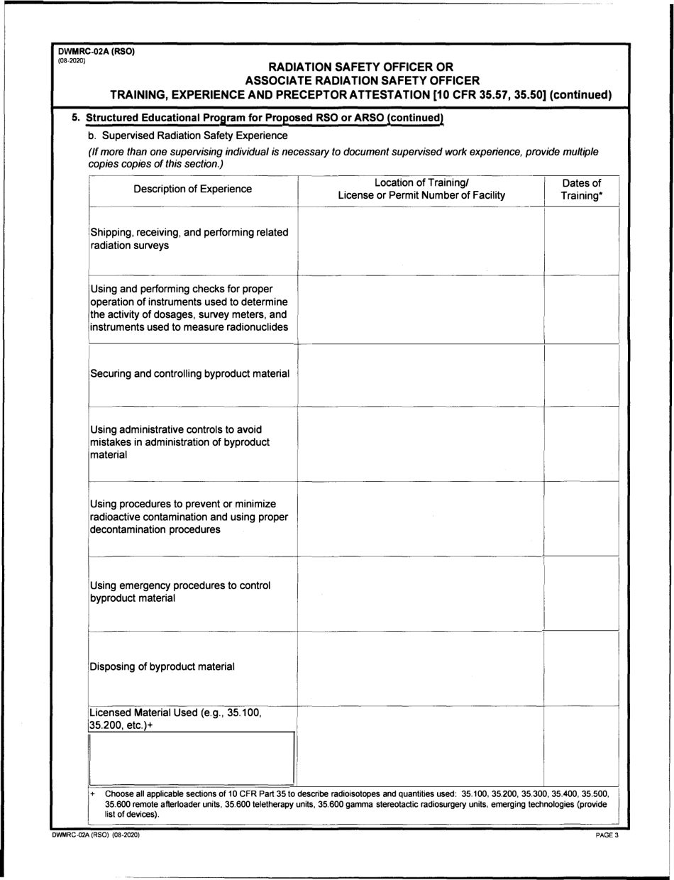 Form DWMRC-02A (RSO) Radiation Safety Officer or Associate Radiation Safety Officer Training, Experience and Preceptor Attestation - Utah, Page 3