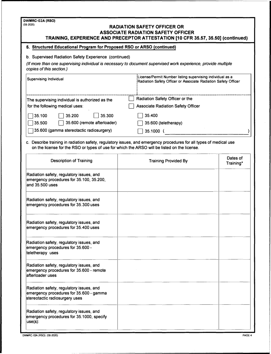 Form DWMRC-02A (RSO) Radiation Safety Officer or Associate Radiation Safety Officer Training, Experience and Preceptor Attestation - Utah, Page 4