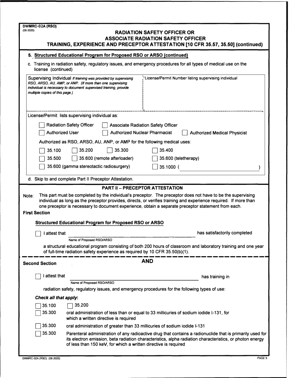 Form DWMRC-02A (RSO) Radiation Safety Officer or Associate Radiation Safety Officer Training, Experience and Preceptor Attestation - Utah, Page 5