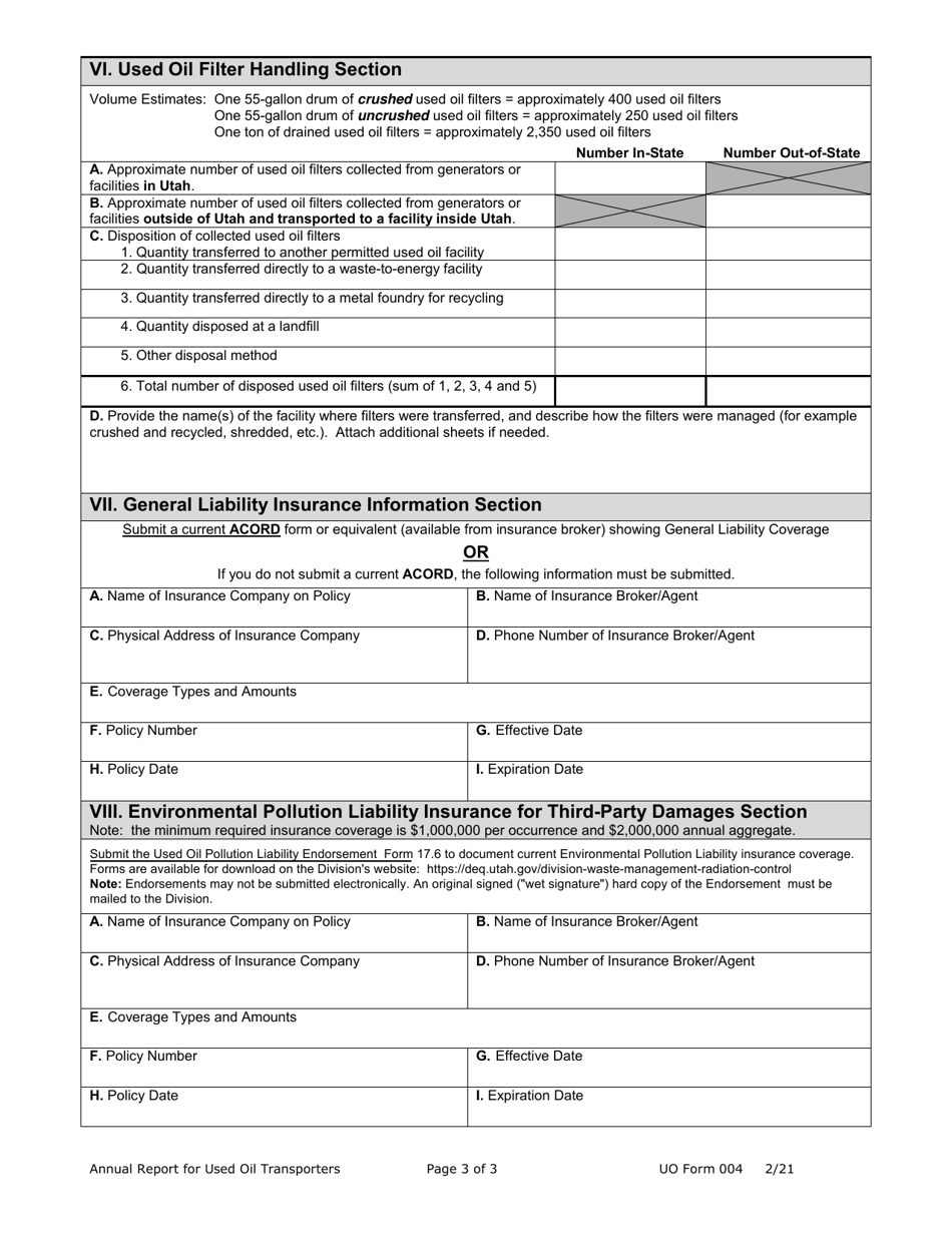 UO Form 004 Used Oil Transporter Annual Report - Utah, Page 3
