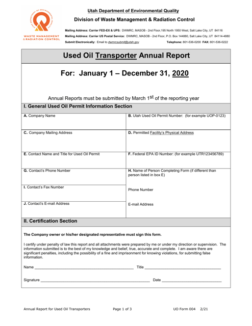 UO Form 004 Used Oil Transporter Annual Report - Utah, 2020