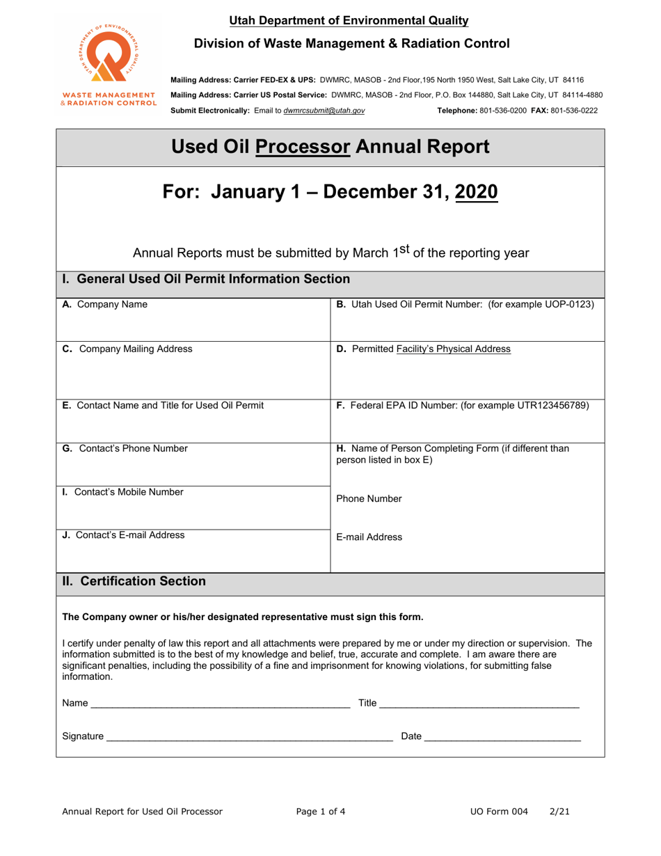 UO Form 004 Used Oil Processor Annual Report - Utah, Page 1