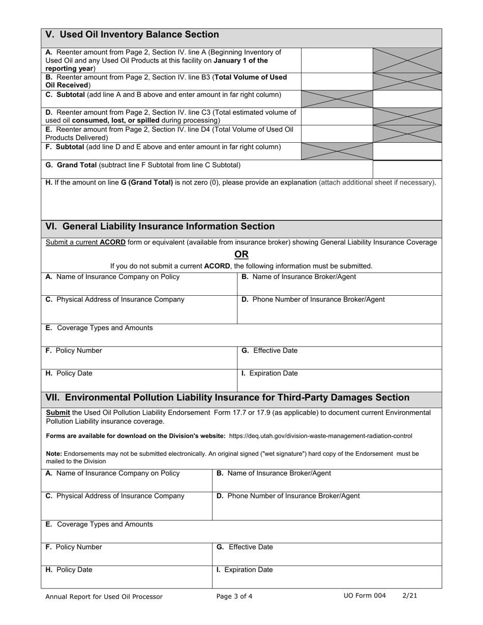 UO Form 004 Used Oil Processor Annual Report - Utah, Page 3