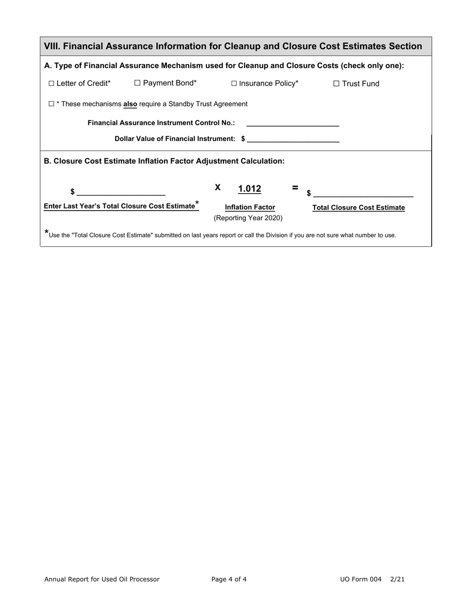 UO Form 004 Used Oil Processor Annual Report - Utah, Page 4