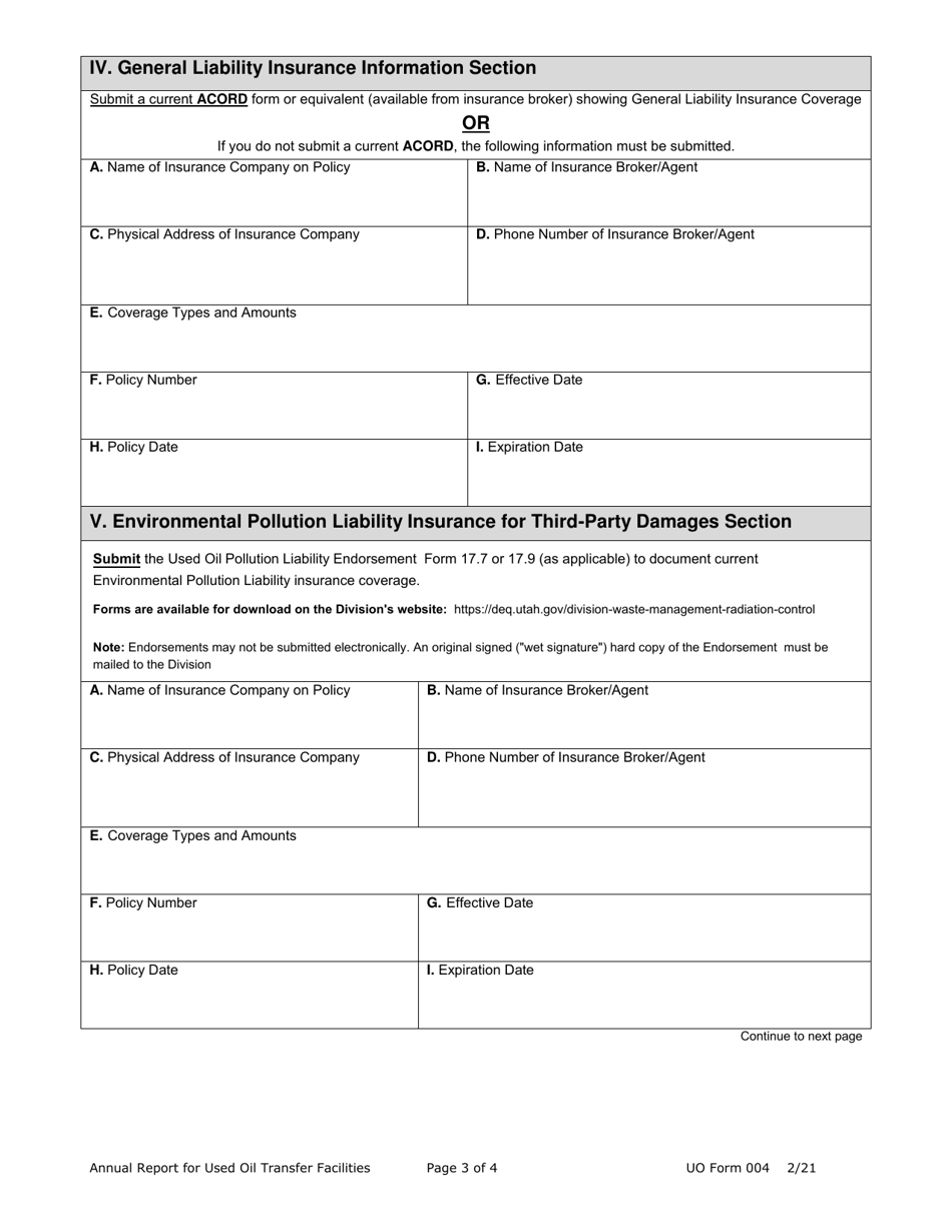 UO Form 004 Used Oil Transfer Facility Annual Report - Utah, Page 3