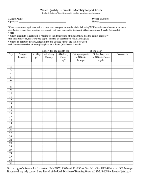 Water Quality Parameter Monthly Report Form for Public Drinking Water Systems With Installed Corrosion Control Treatment - Utah Download Pdf