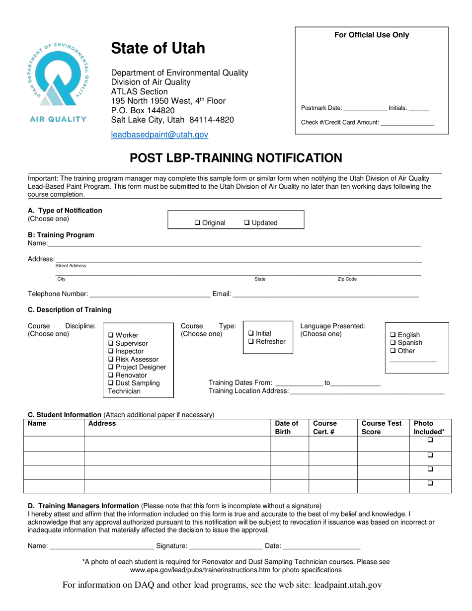 Form DAQA-1110-18 Post Lbp-Training Notification - Utah, Page 1