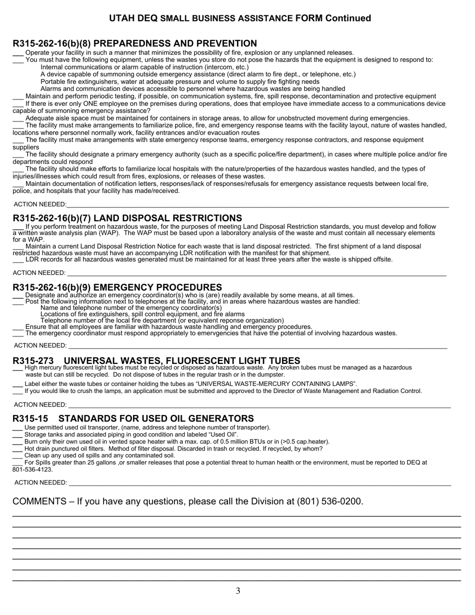 Utah DEQ Small Business Assistance Form - Utah, Page 3