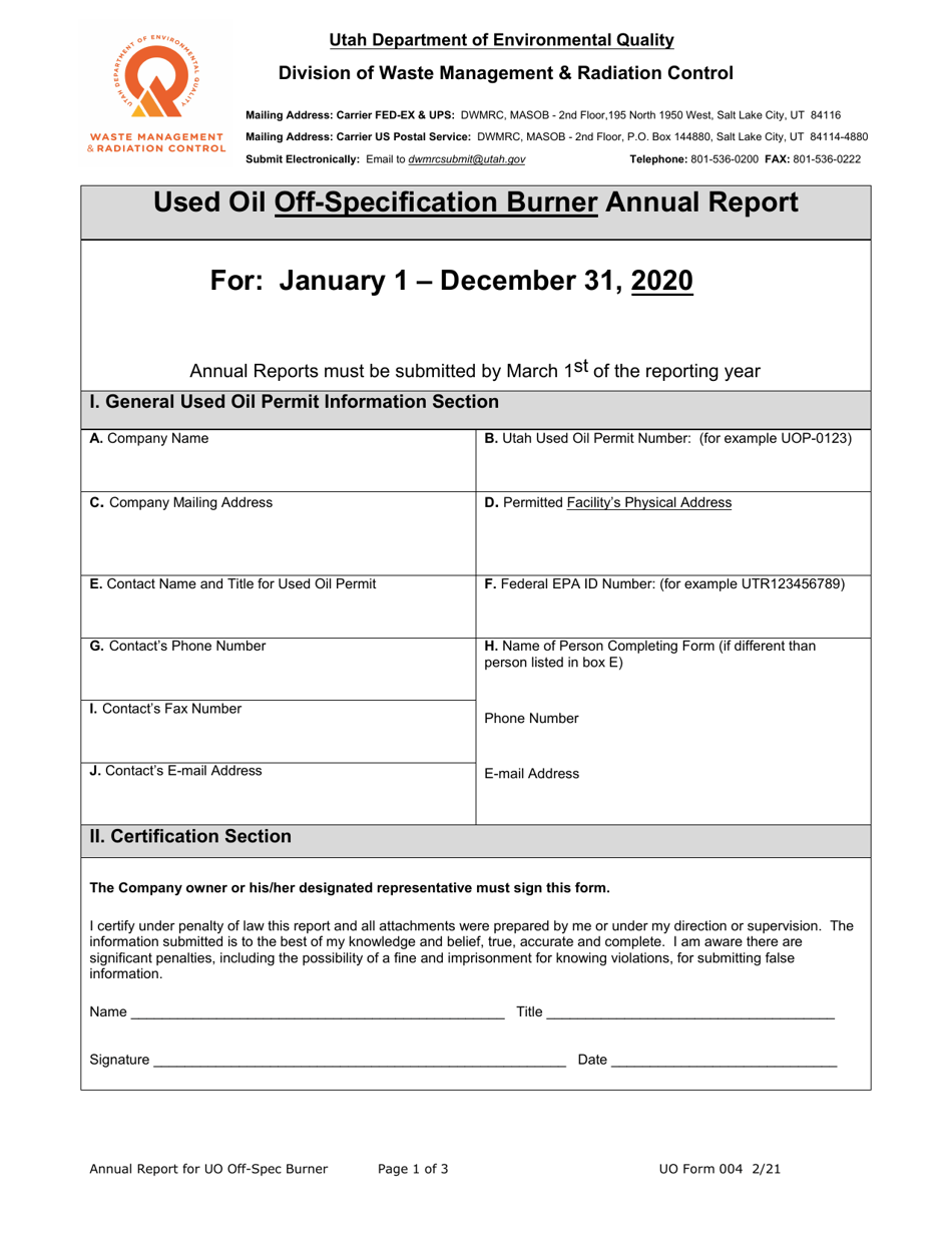 UO Form 004 Used Oil off-Specification Burner Annual Report - Utah, Page 1