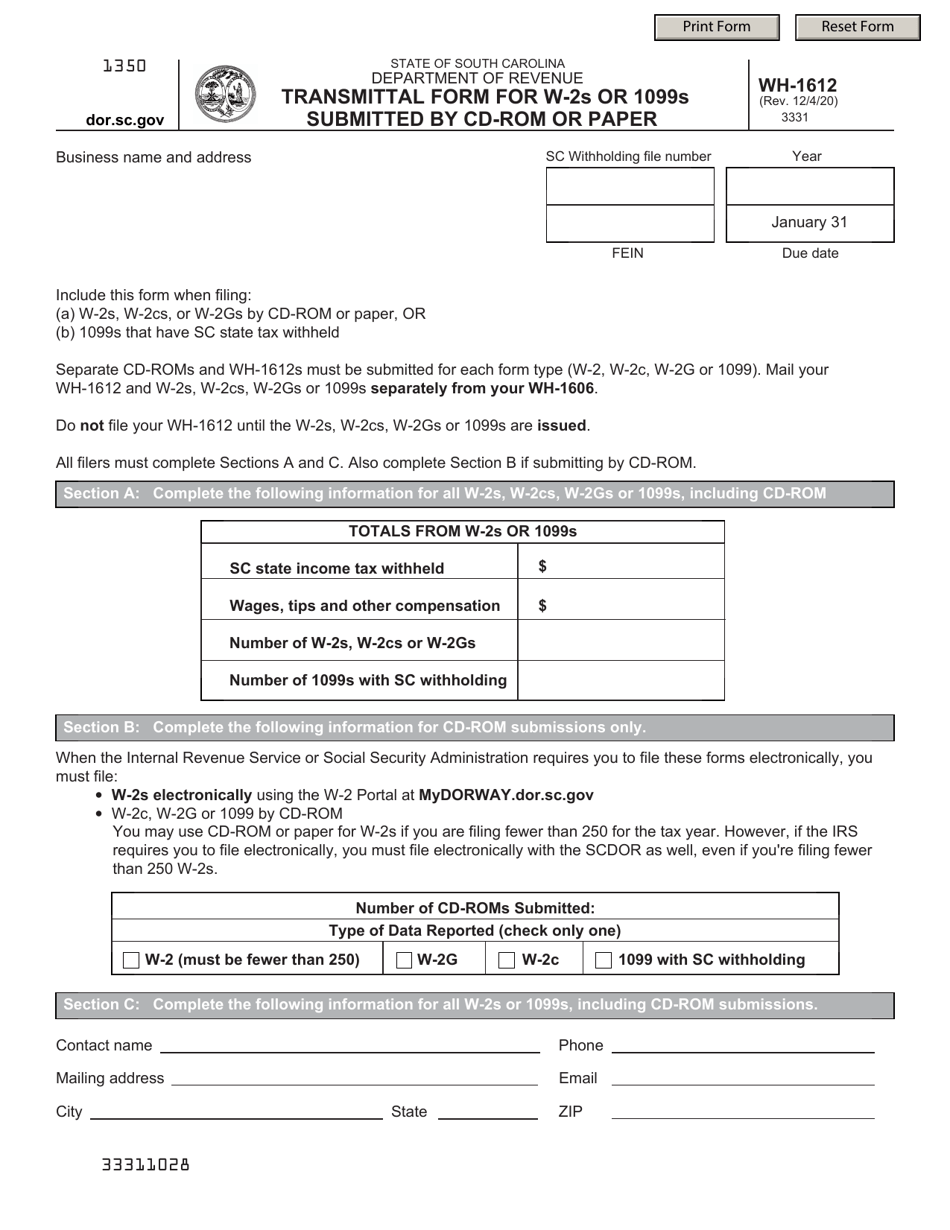 Form WH-1612 Transmittal Form for W-2s or 1099s Submitted by Cd-Rom or Paper - South Carolina, Page 1