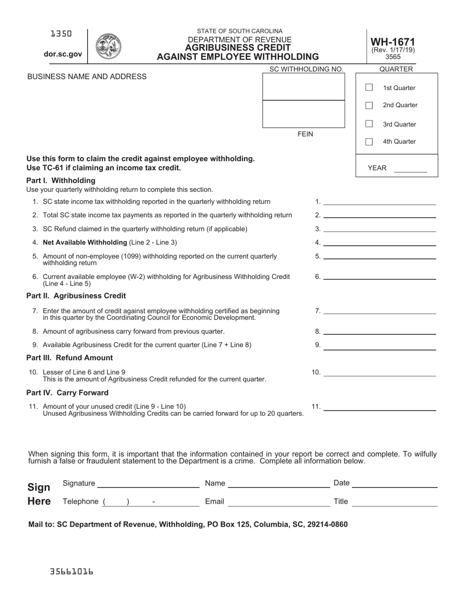 Form WH-1671 Agribusiness Credit Against Employee Withholding - South Carolina, Page 1