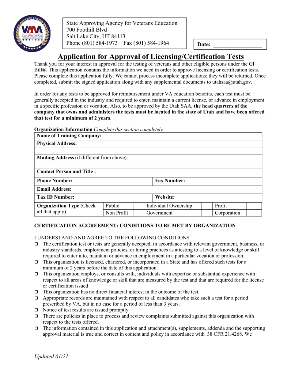 Application for Approval of Licensing / Certification Tests - Utah, Page 1
