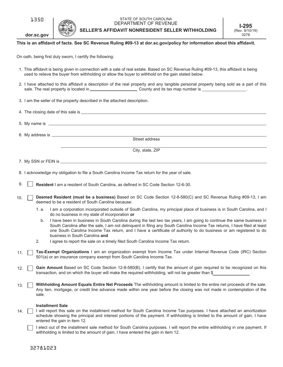 Form I-295 Sellers Affidavit Nonresident Seller Withholding - South Carolina, Page 1