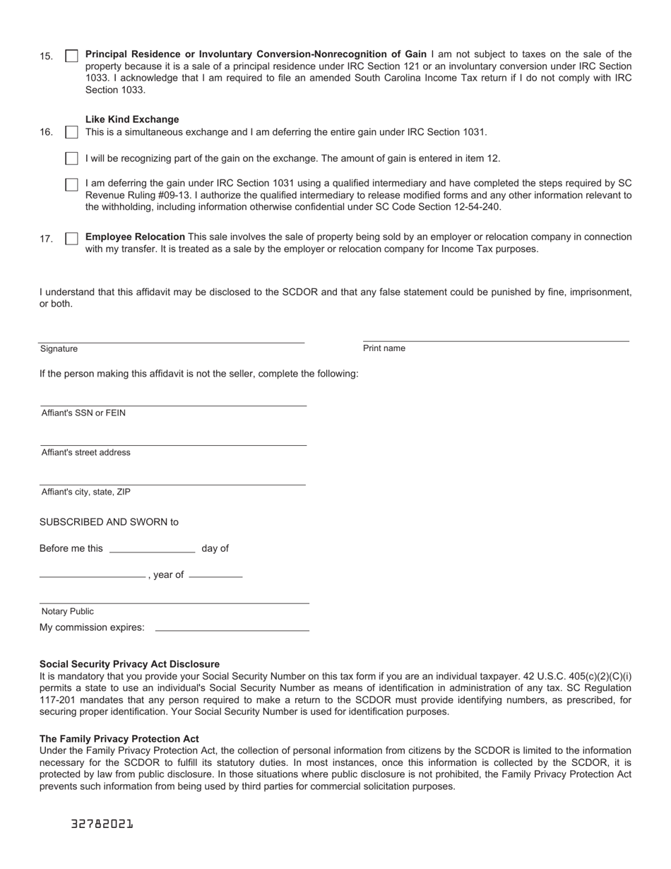 Form I-295 Sellers Affidavit Nonresident Seller Withholding - South Carolina, Page 2