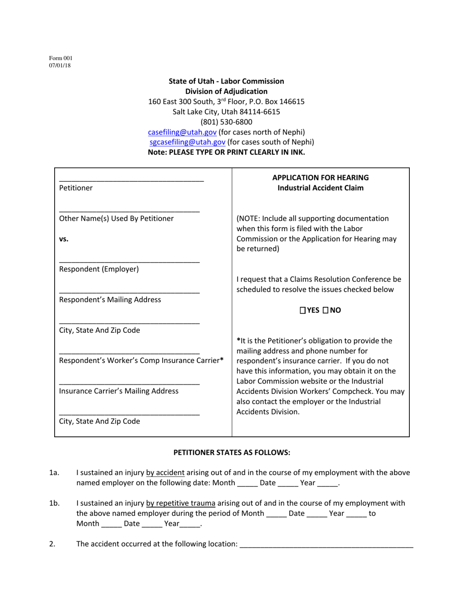 Form 001 Application for Hearing - Industrial Accident Claim - Utah, Page 1