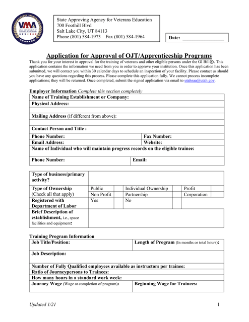Application for Approval of Ojt/Apprenticeship Programs - Utah