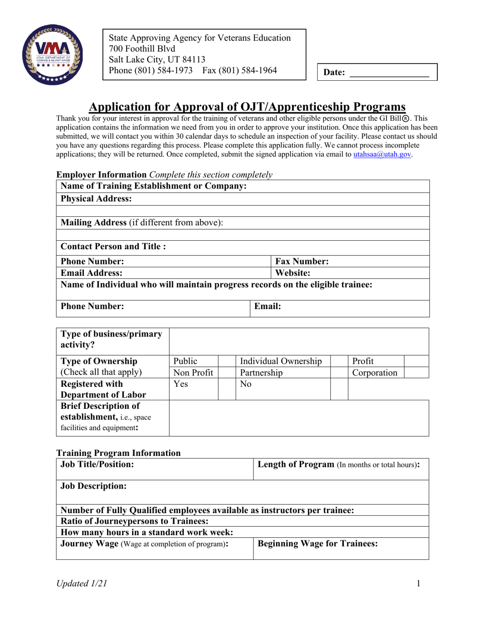 Application for Approval of Ojt / Apprenticeship Programs - Utah, Page 1