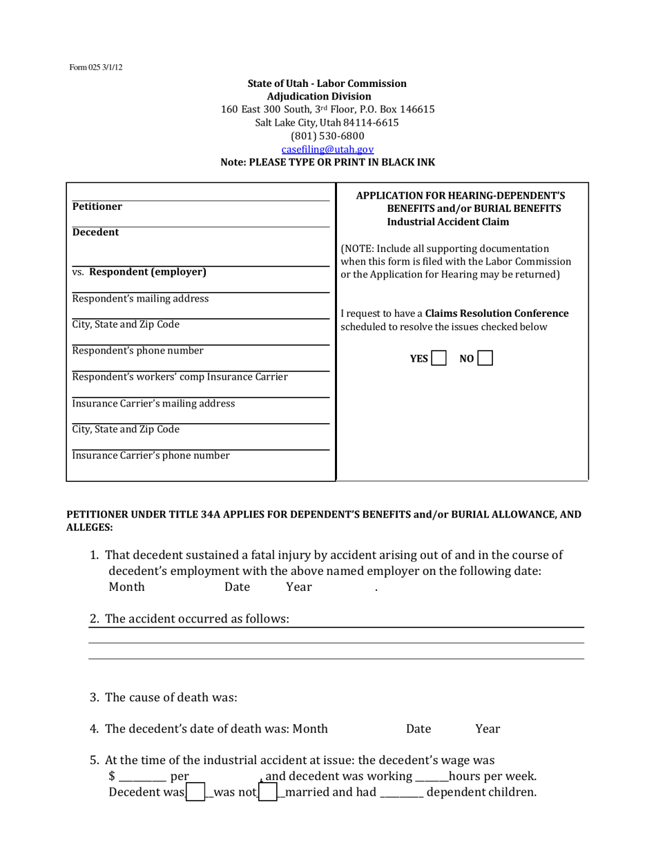 Form 025 Application for Hearing-dependents Benefits and / or Burial Benefits - Industrial Accident Claim - Utah, Page 1