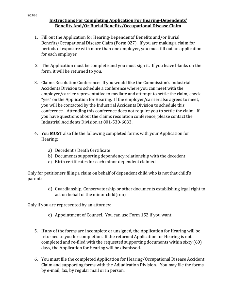 Instructions for Form 027 Application for Hearing-Dependents Benefits and / or Burial Benefits - Occupational Disease Claim - Utah, Page 1